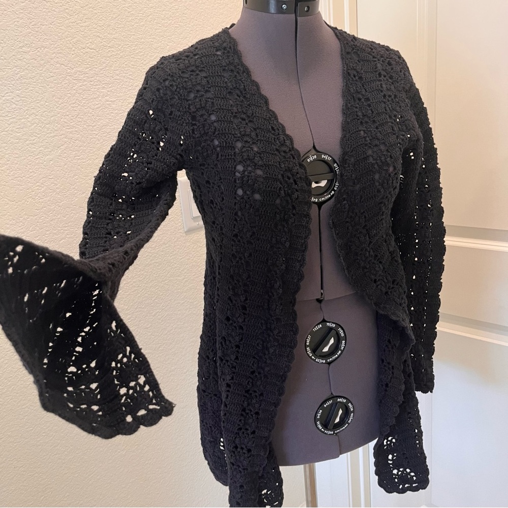 Say What? Black Open-Front Crochet Cardigan